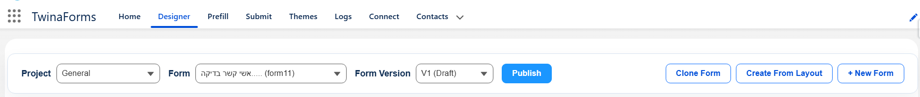 The TwinaForms Designer tab in Salesforce, showing the list of existing forms with the New Form button at the top right.