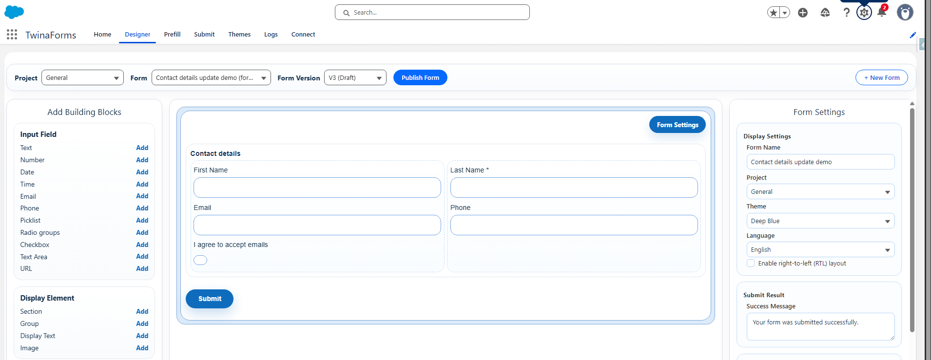 TwinaForms form designer running inside Salesforce